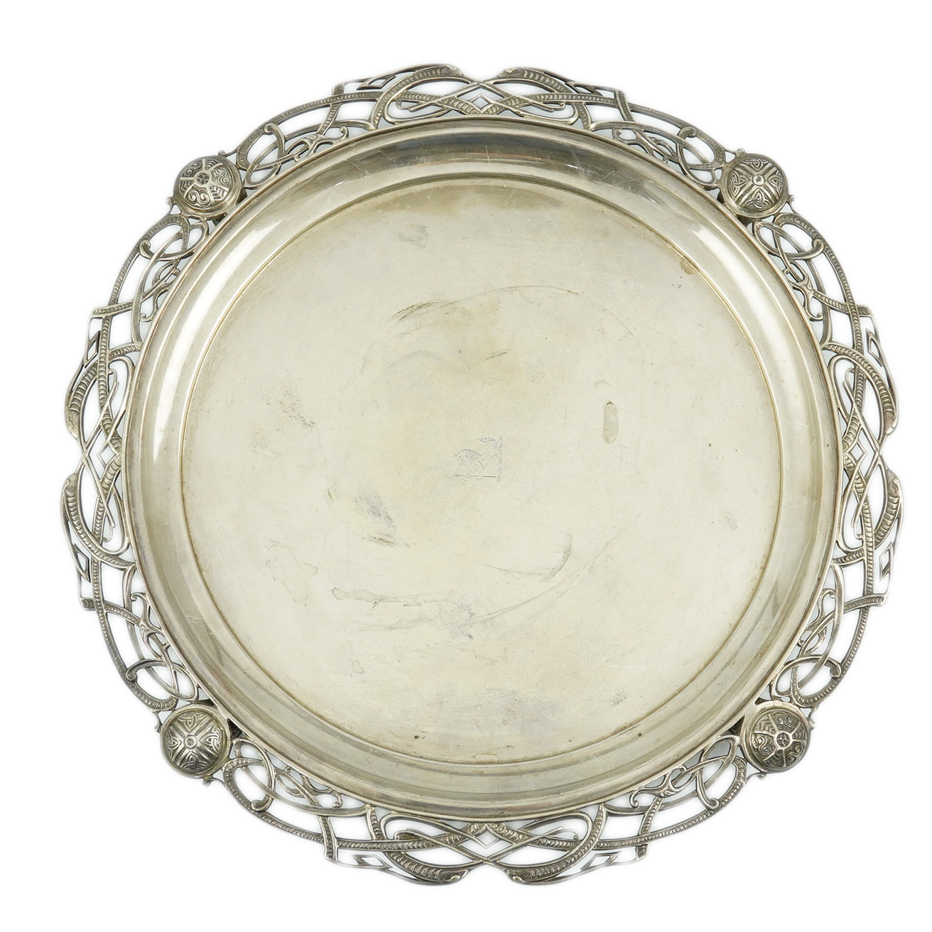 A George V silver salver with pierced Celtic border, by Atkin Brothers